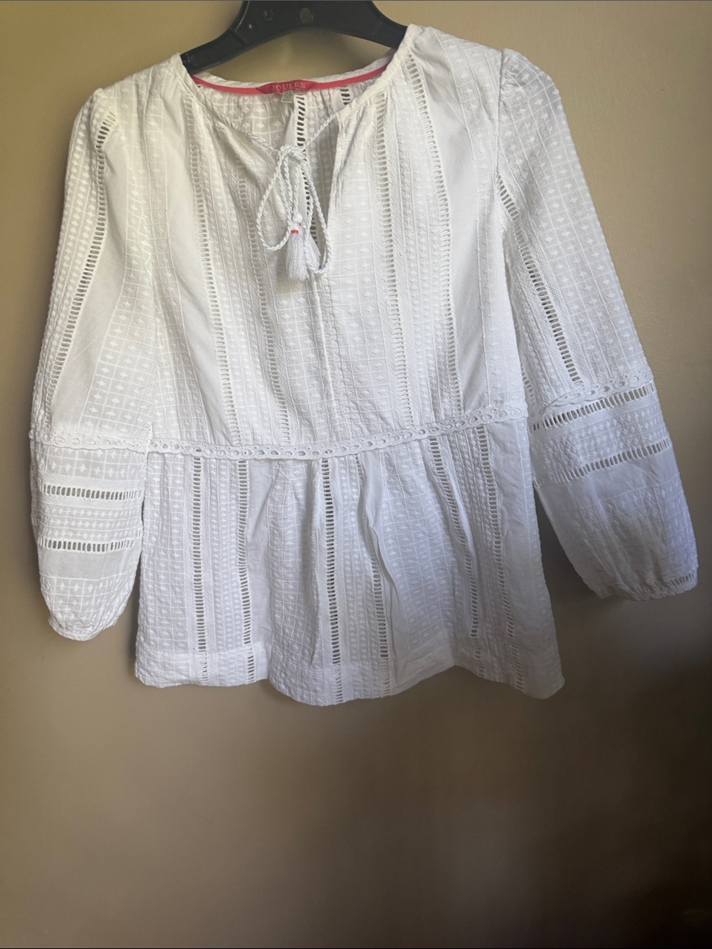 Boden White Eyelet Peasant Tunic with Tassel Tie